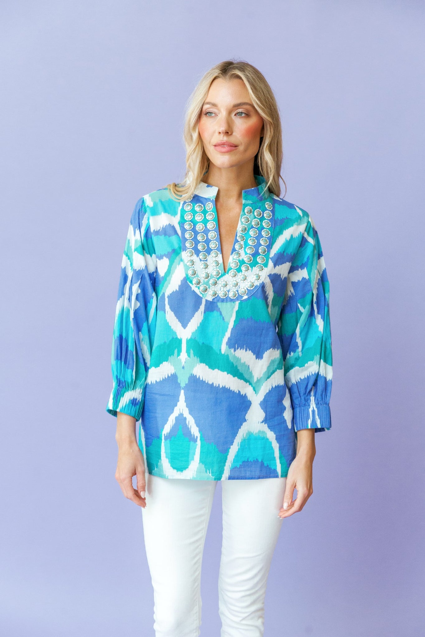 Olive Tunic in Cerulean Watercolor Ikat