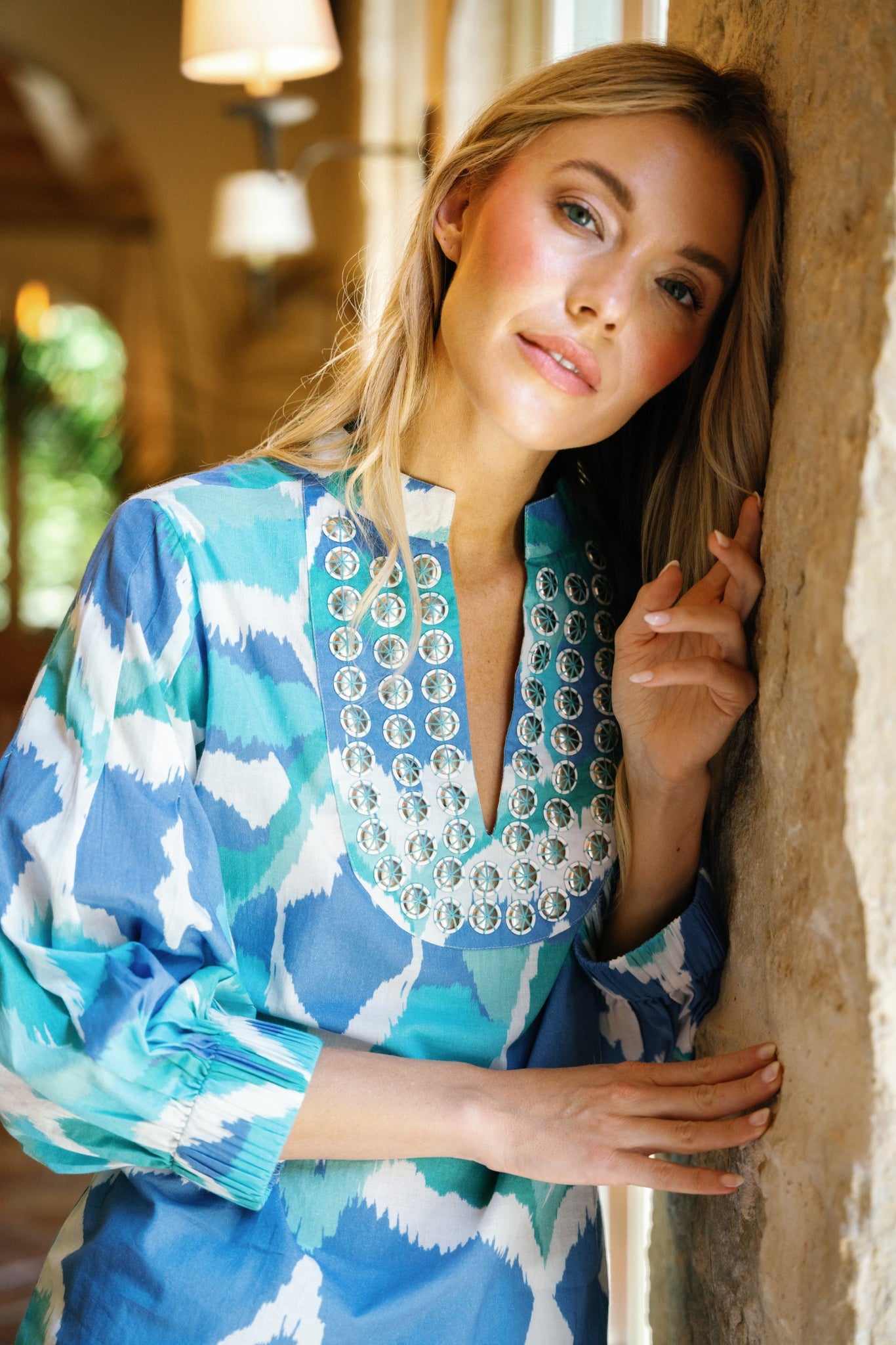 Olive Tunic in Cerulean Watercolor Ikat