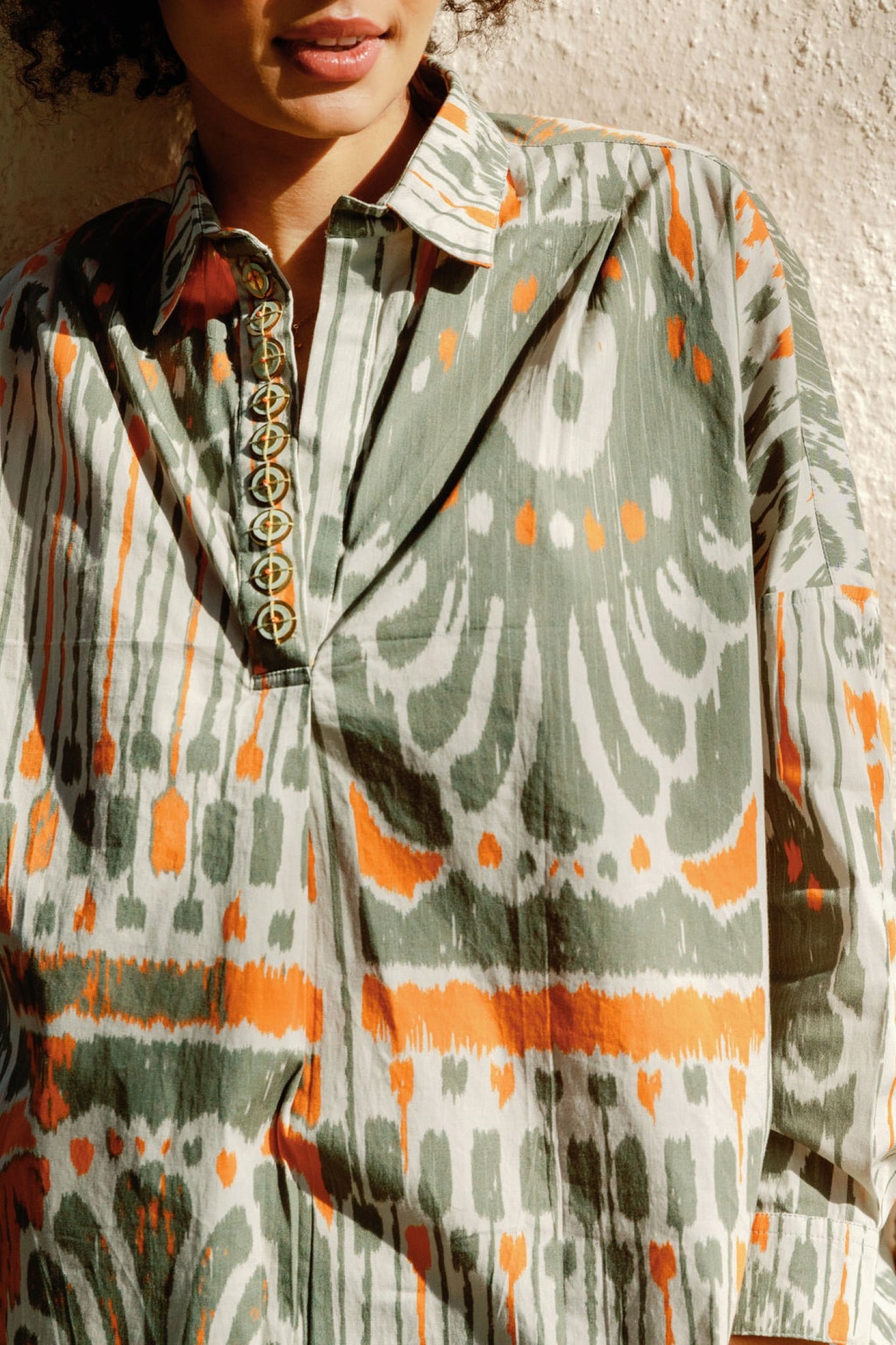 Frankie Shirt in Latte + Orange Moroccan Ikat