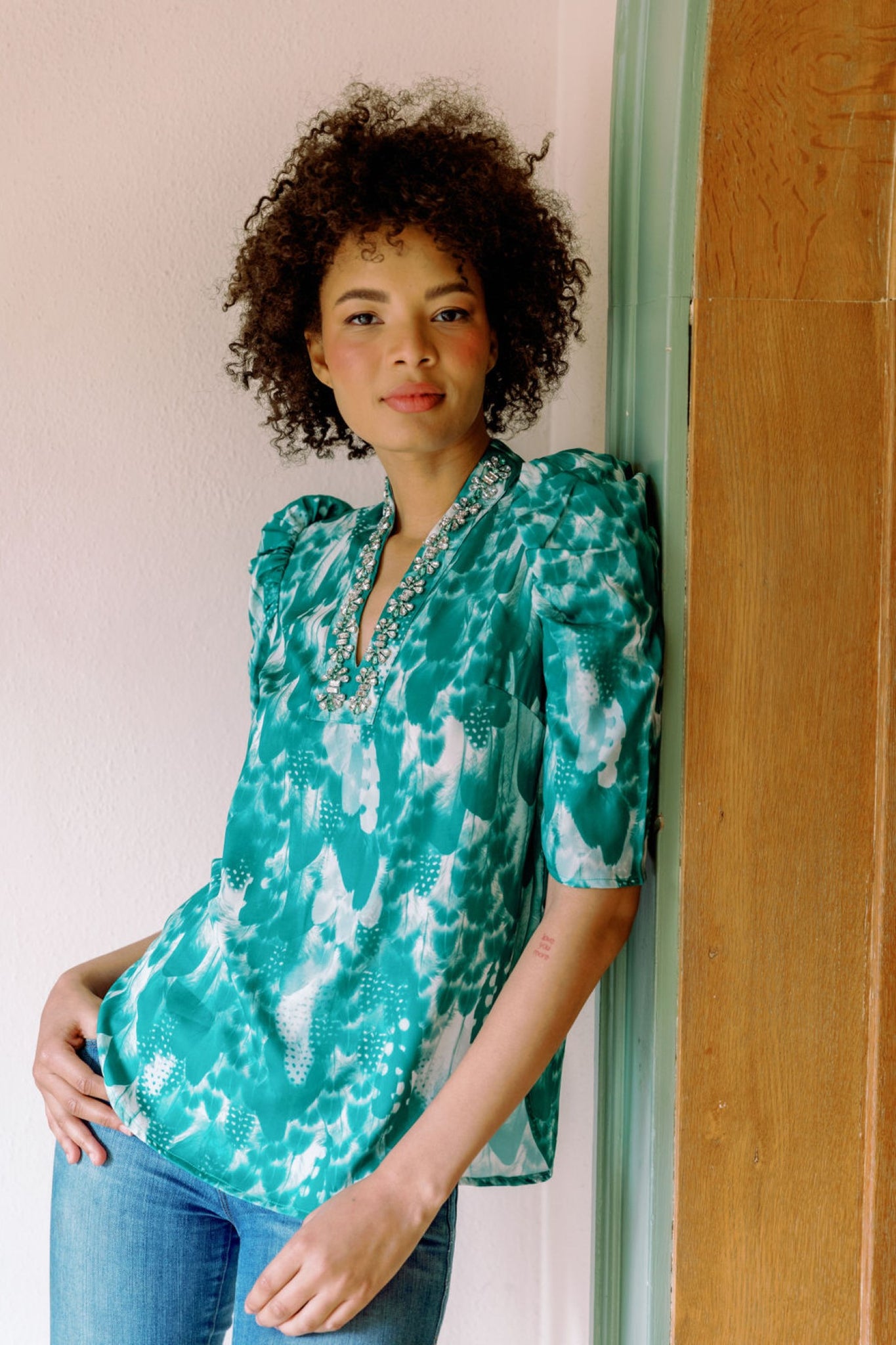 Natalie Blouse in Emerald Plume