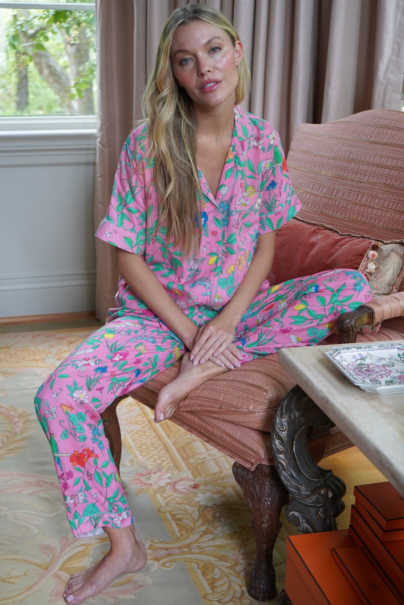 Short Sleeve and Pant Pajama Set in Pink Wildflower