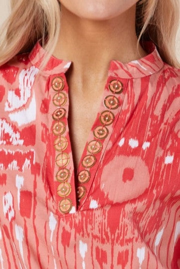 Drew Blouse in Coral Moroccan Ikat
