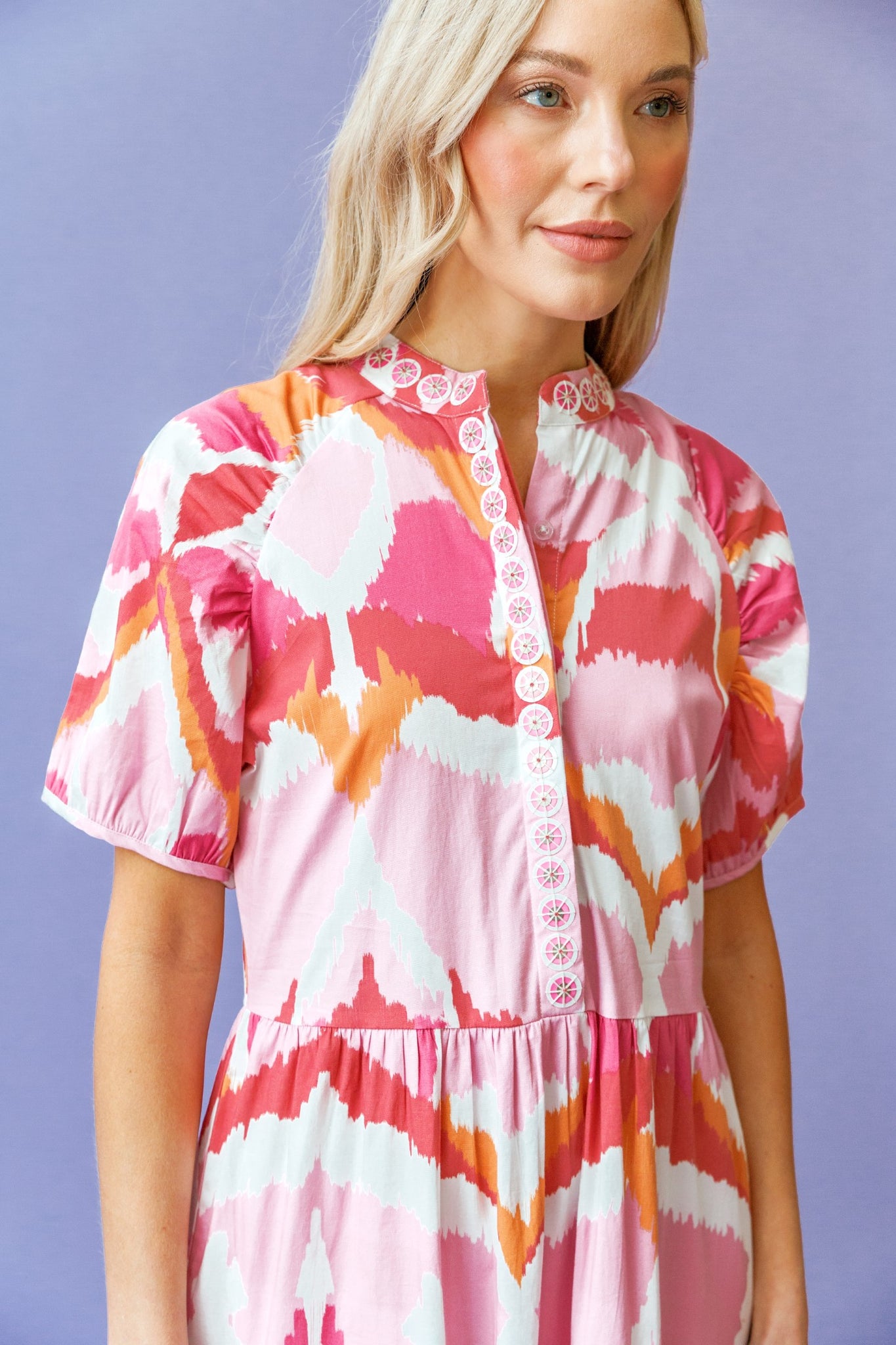 Kimbell Dress in Flamingo Watercolor Ikat