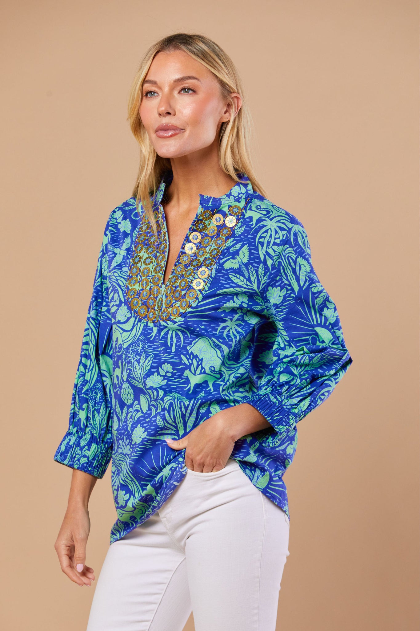 Olive Tunic in Whimsical Island Eve