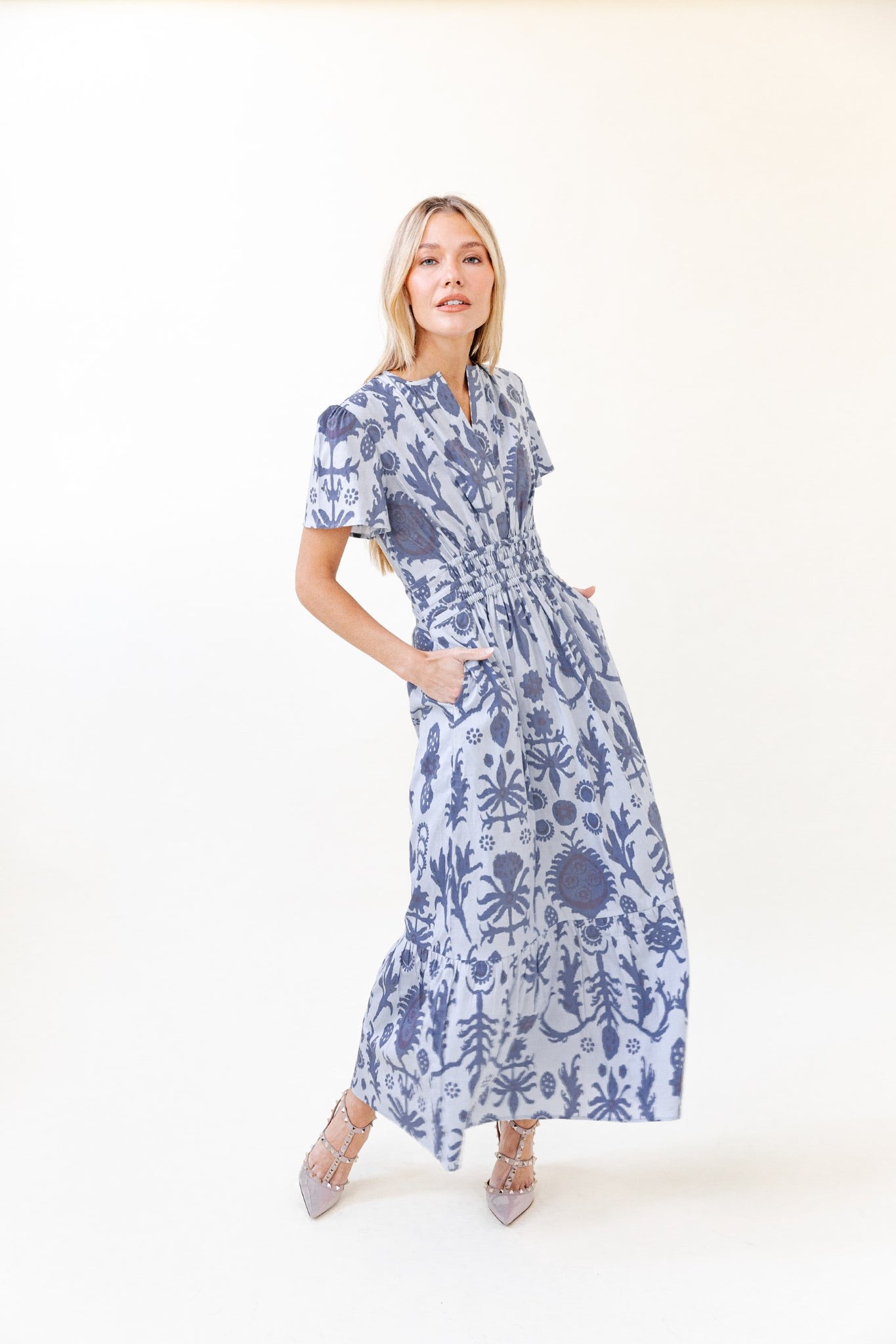 Eloise Dress in Denim Floral Ikat