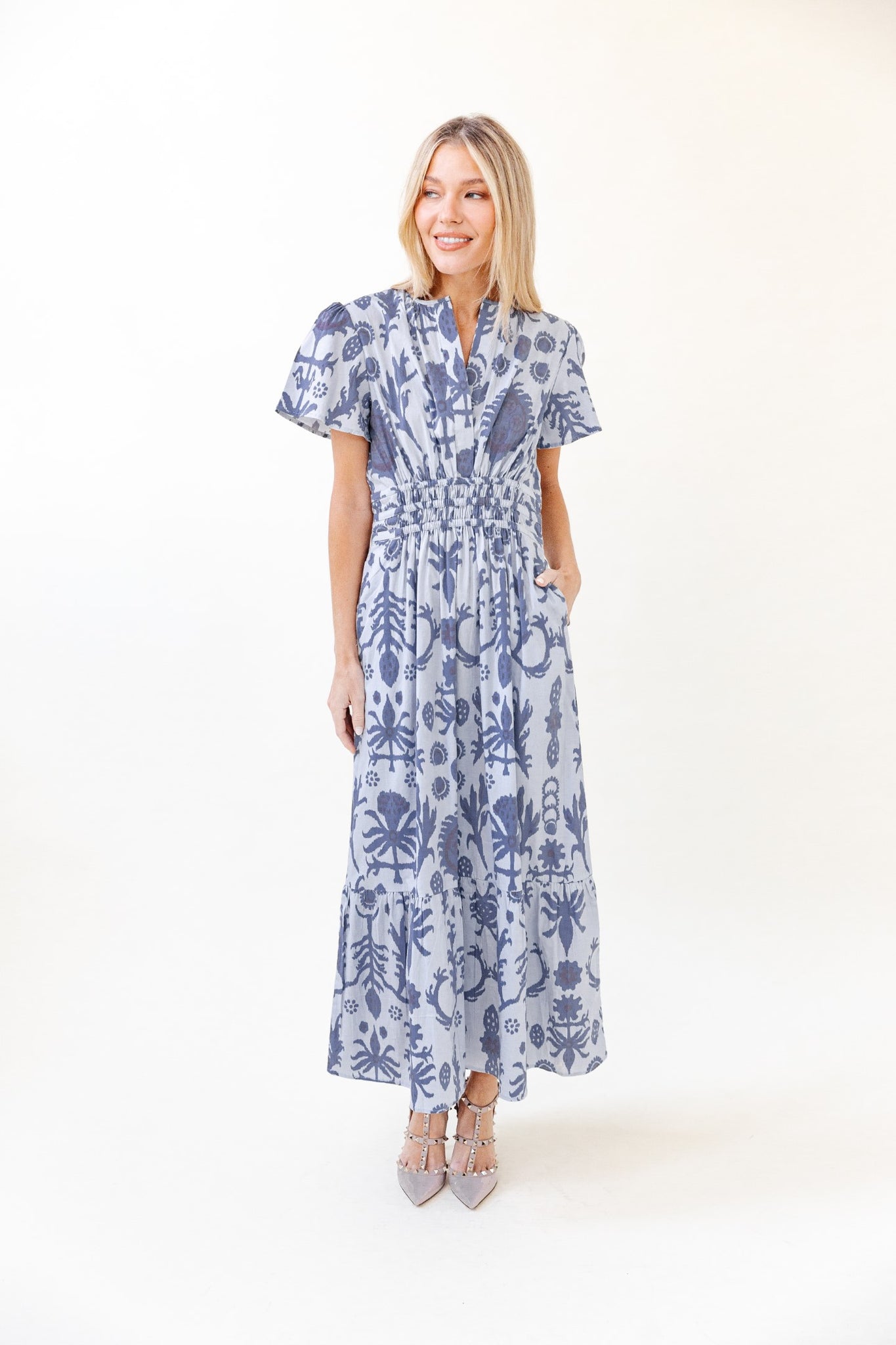 Eloise Dress in Denim Floral Ikat