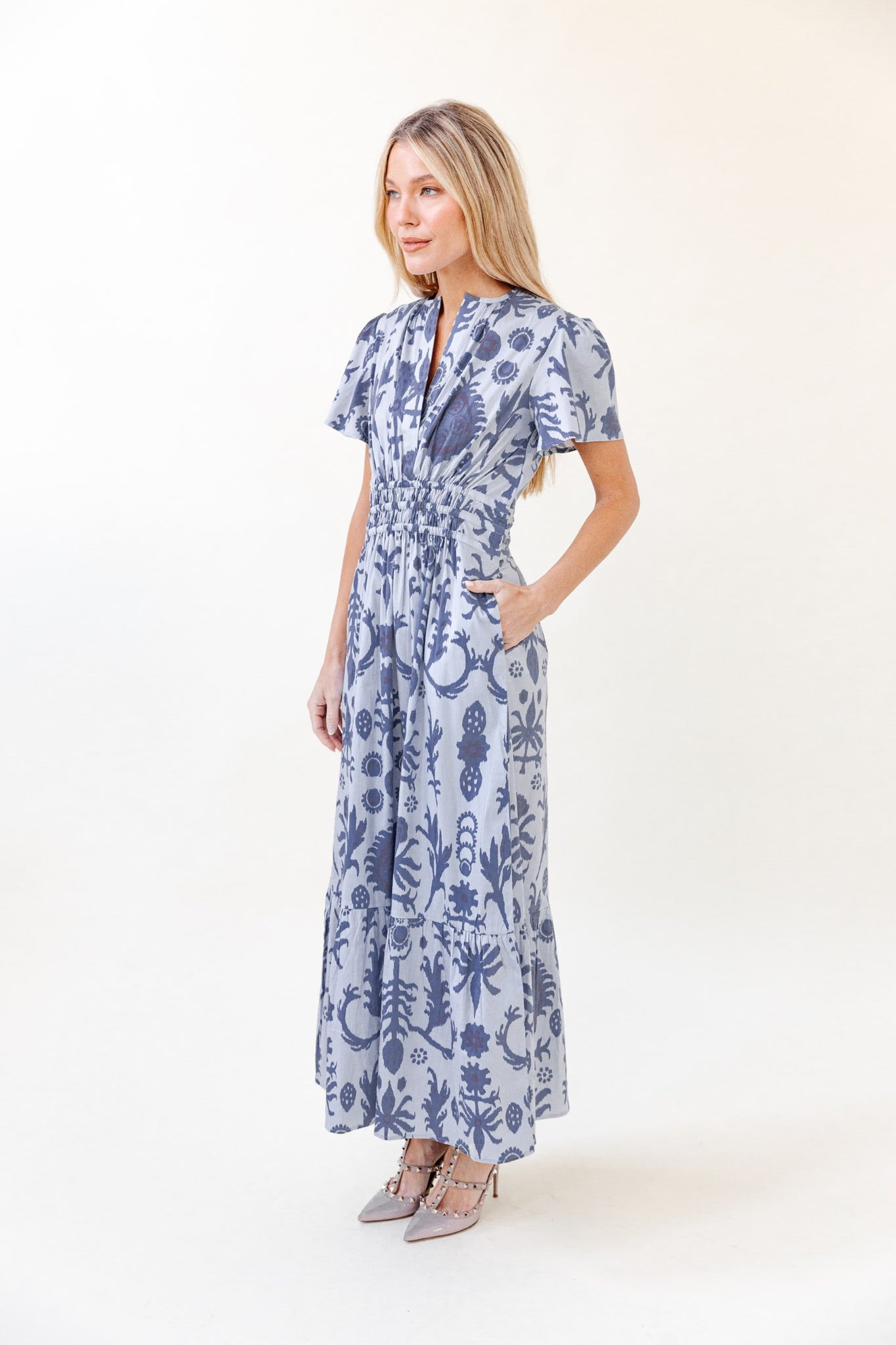 Eloise Dress in Denim Floral Ikat