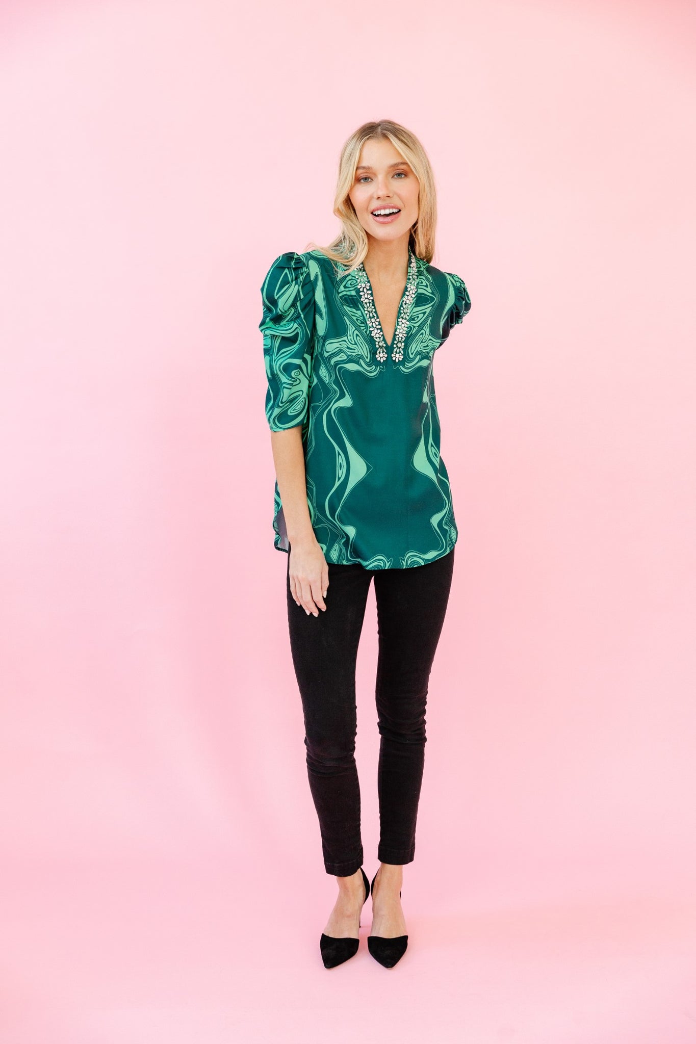 Natalie Blouse in Emerald Marble