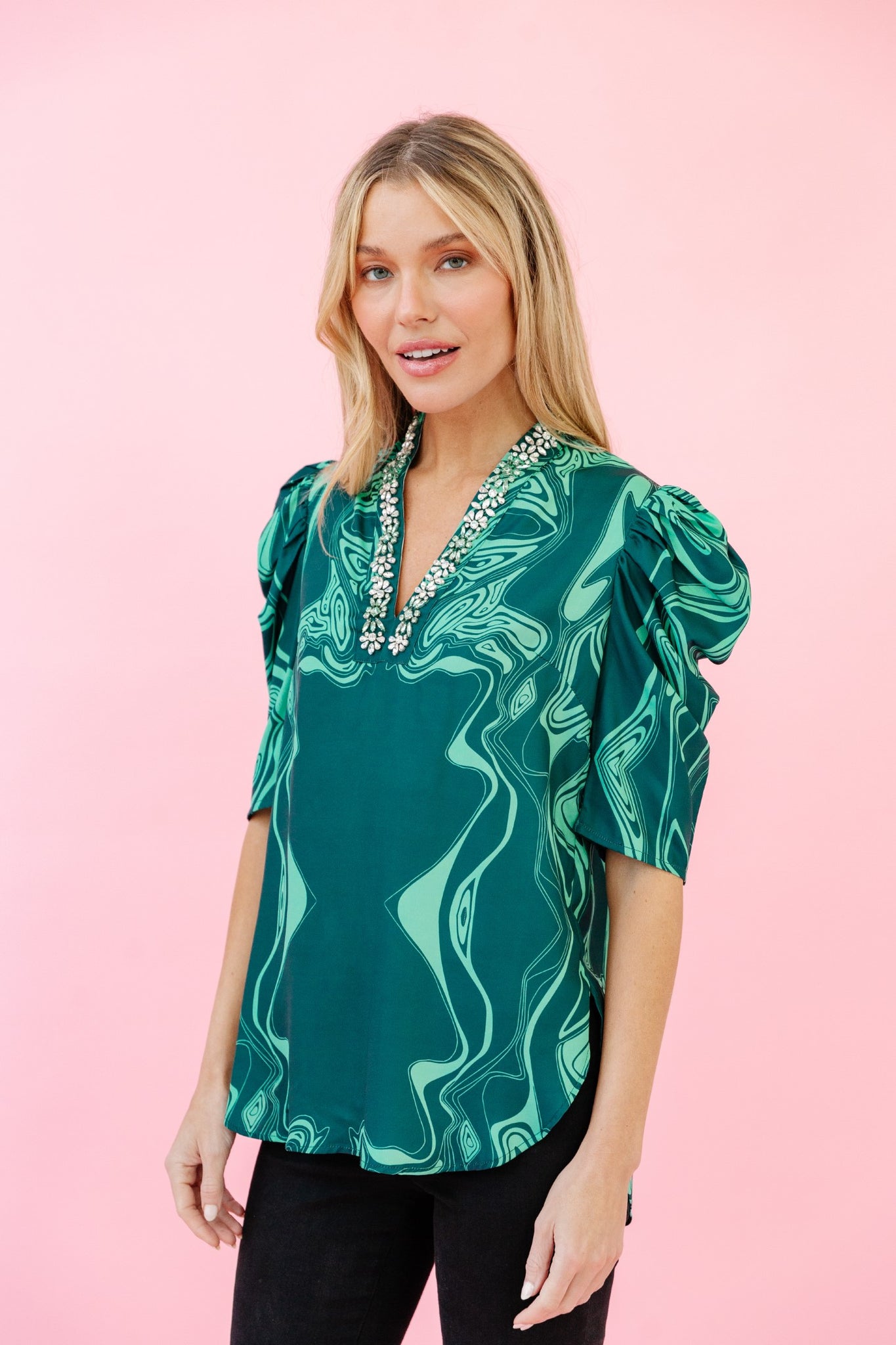 Natalie Blouse in Emerald Marble