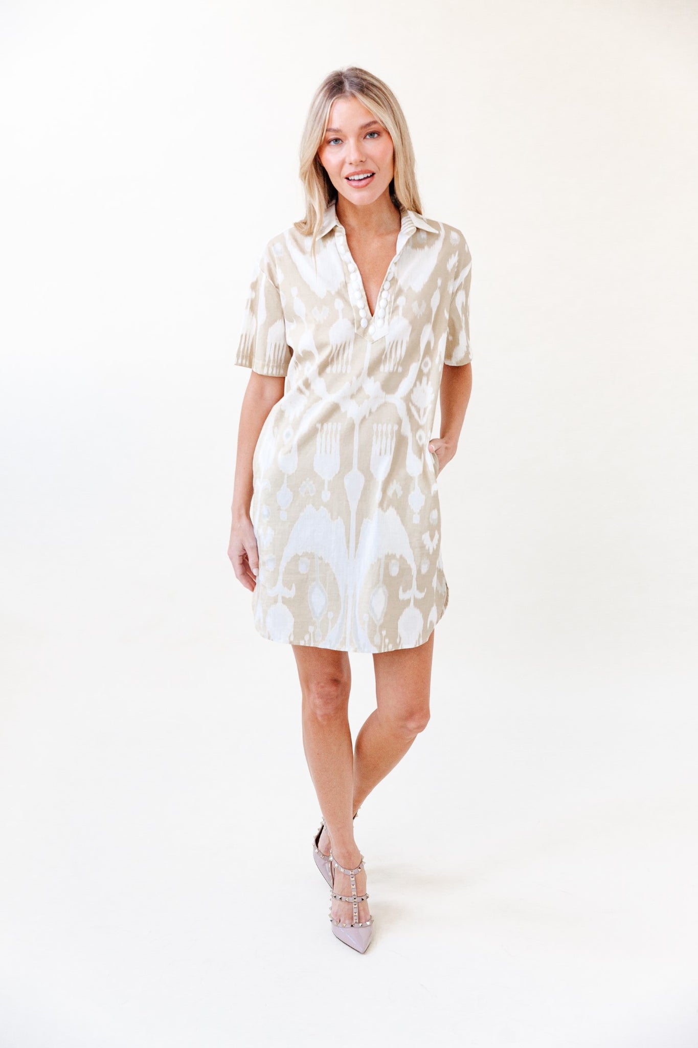 Rhodes Dress in Taupe Ikat