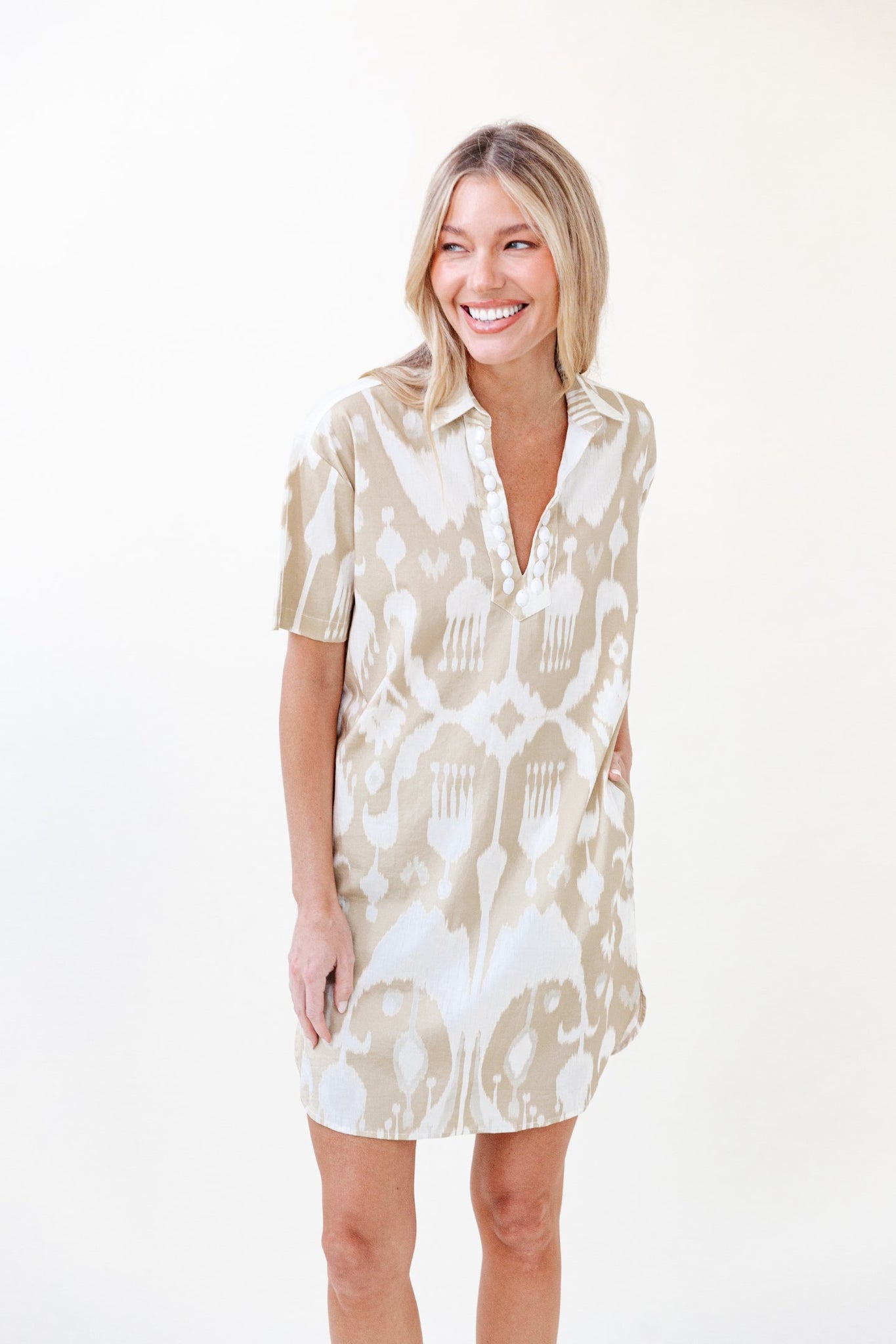 Rhodes Dress in Taupe Ikat