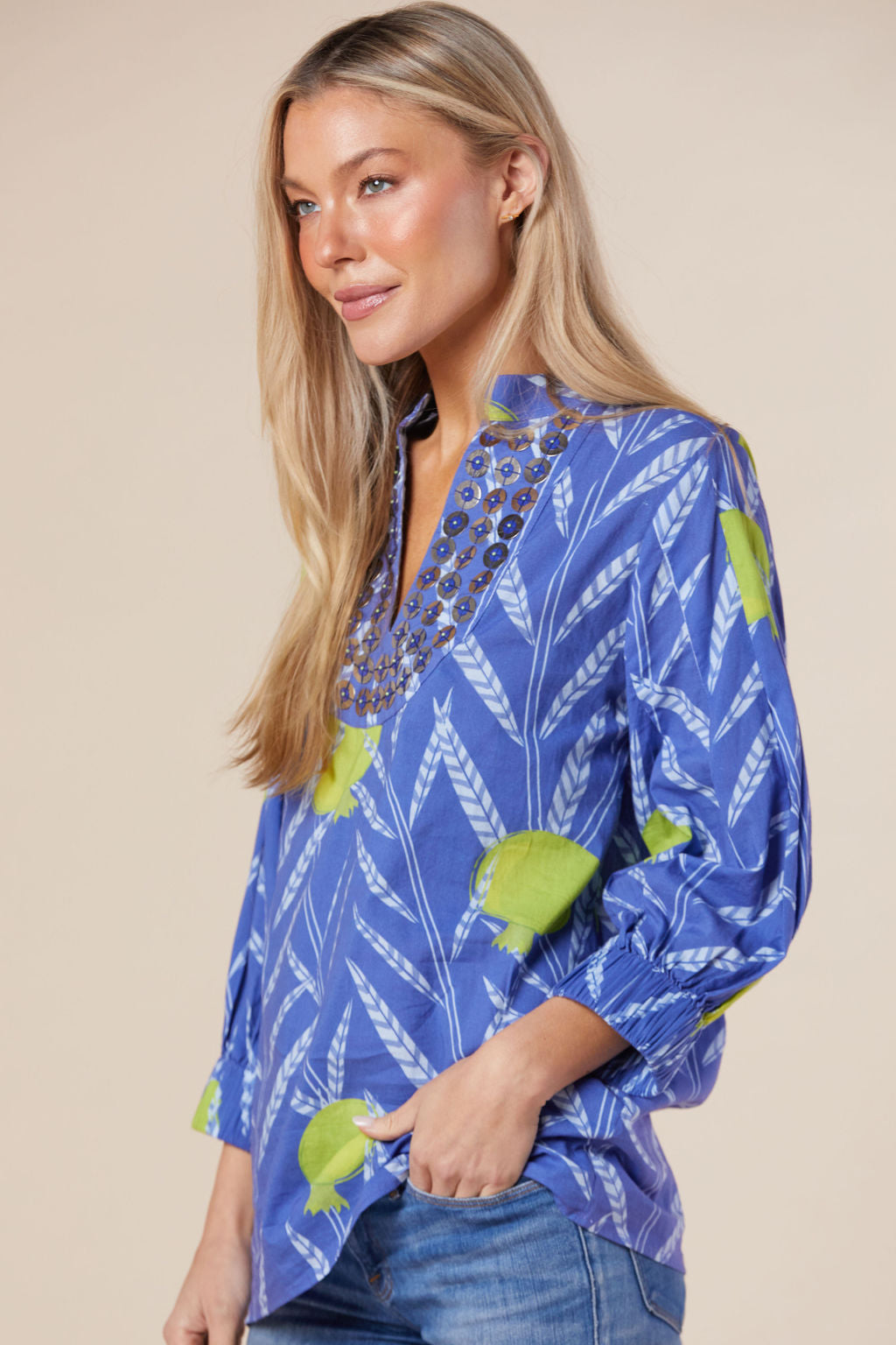 Olive Tunic in Bright Blue Polished Pom