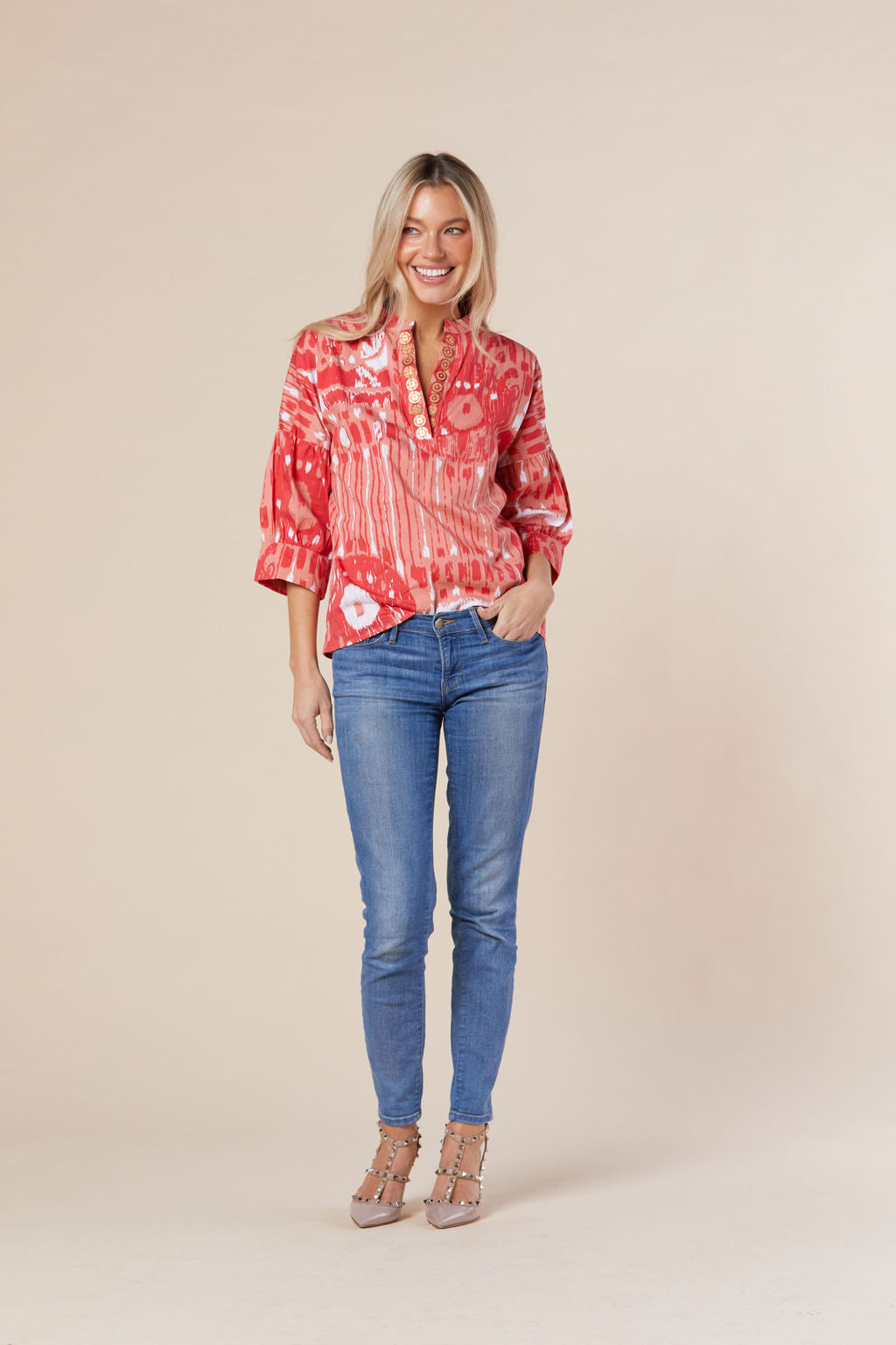 Drew Blouse in Coral Moroccan Ikat