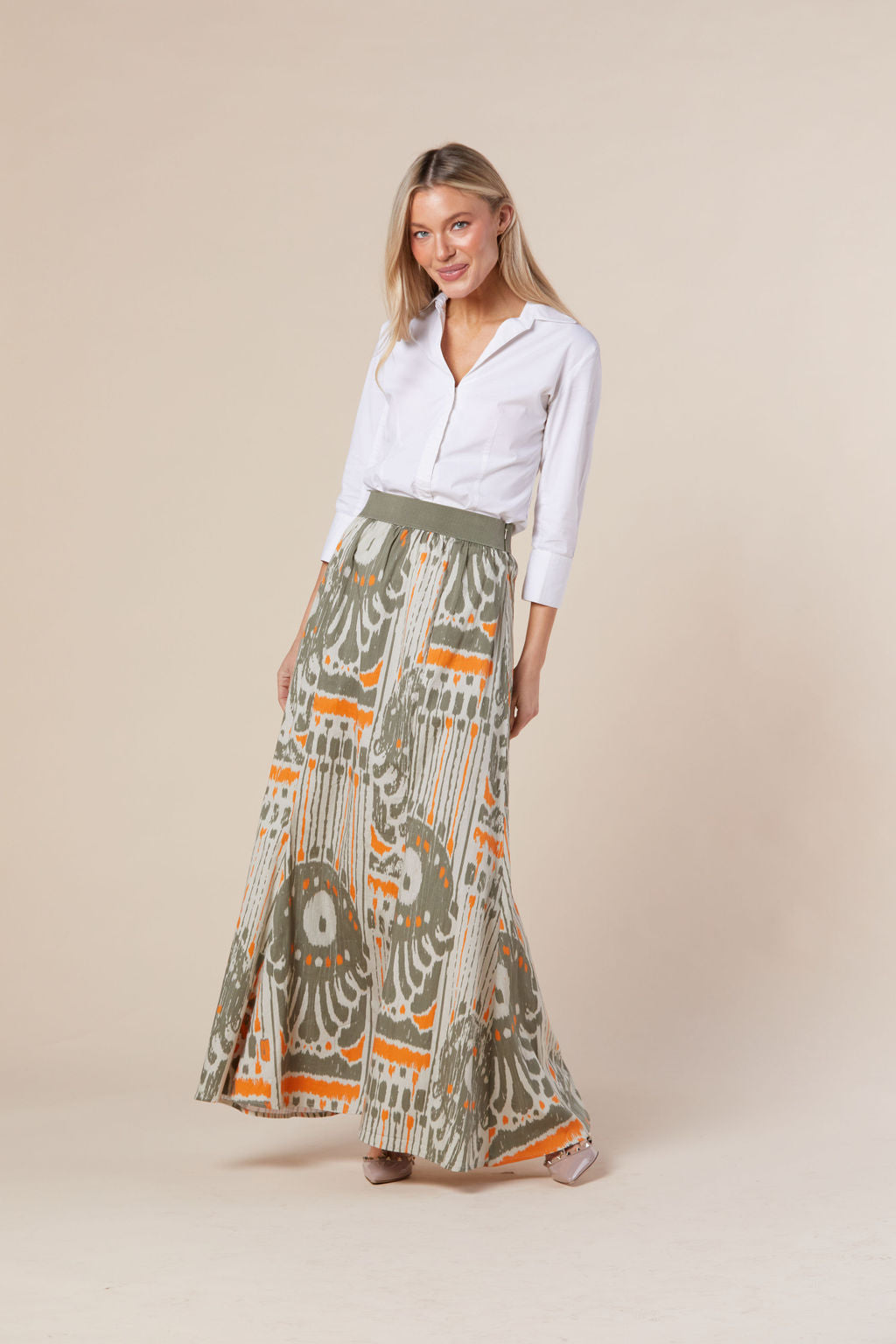 Allegra Skirt in Latte + Orange Moroccan Ikat