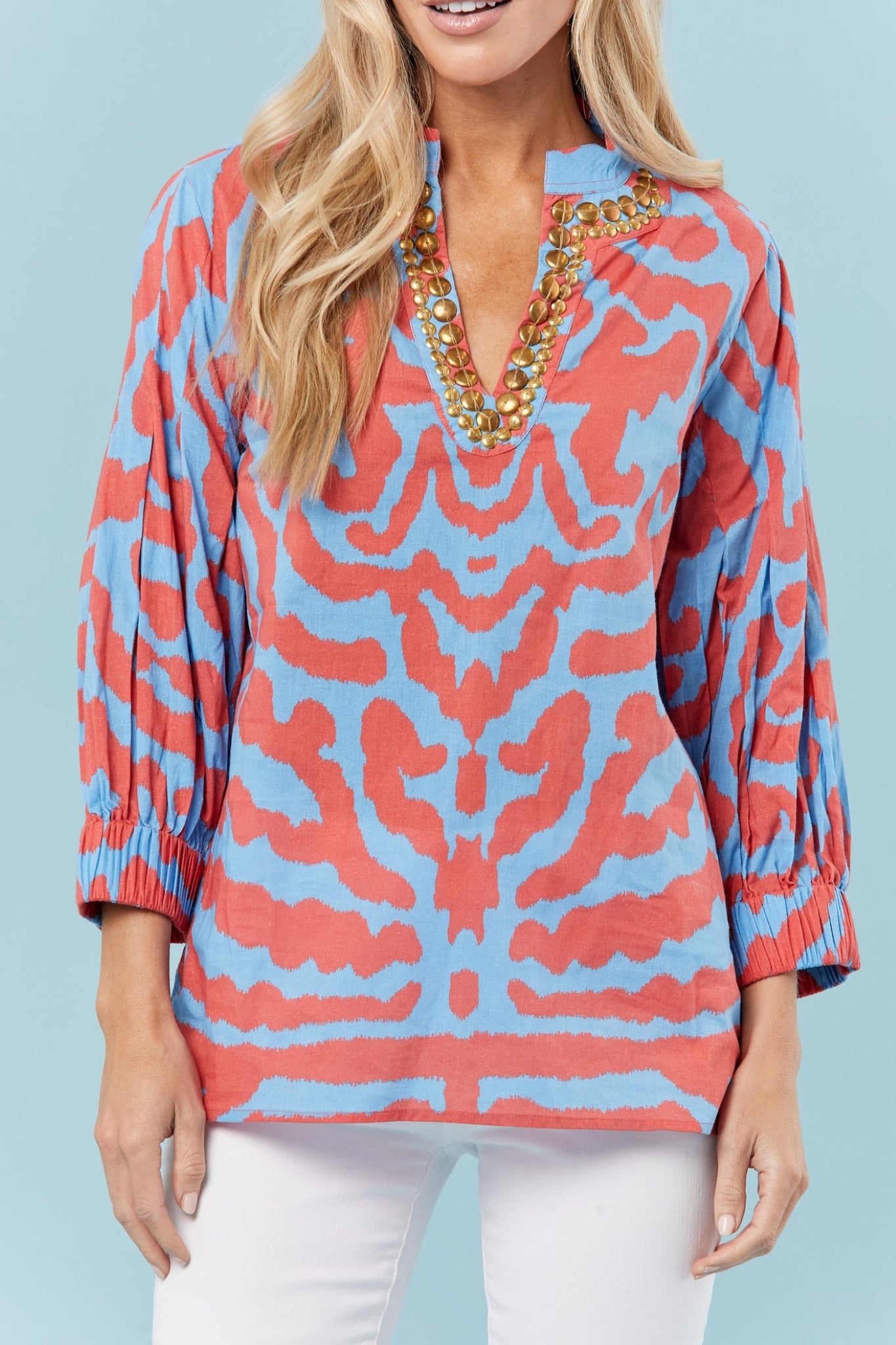 Olive Tunic in Blue + Red Tiger
