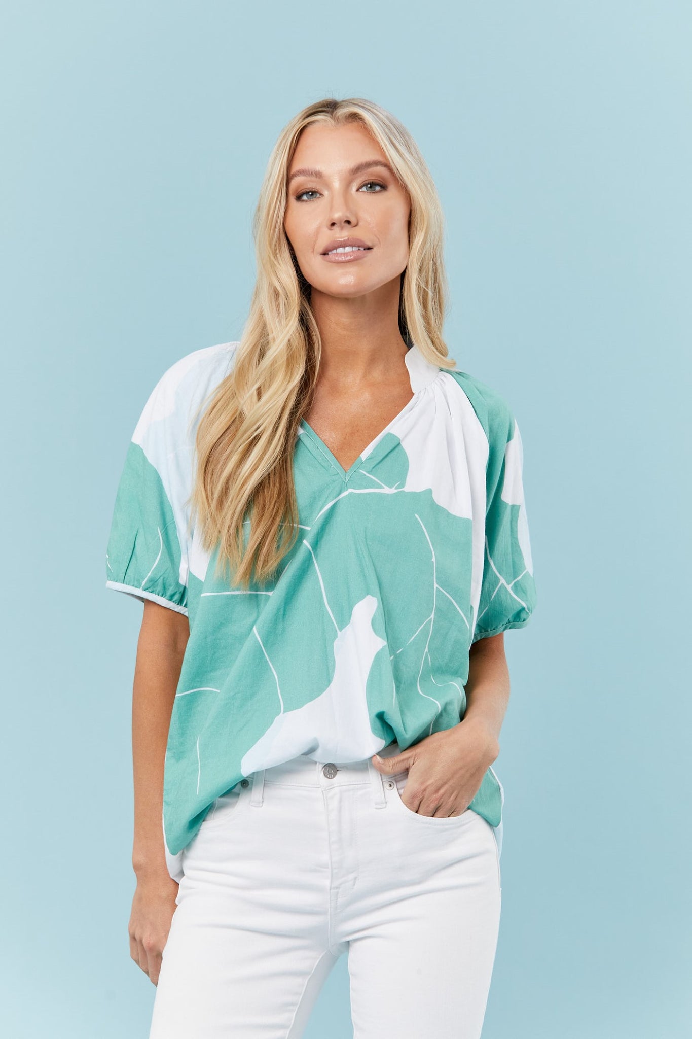Dana Blouse in Teal Palms