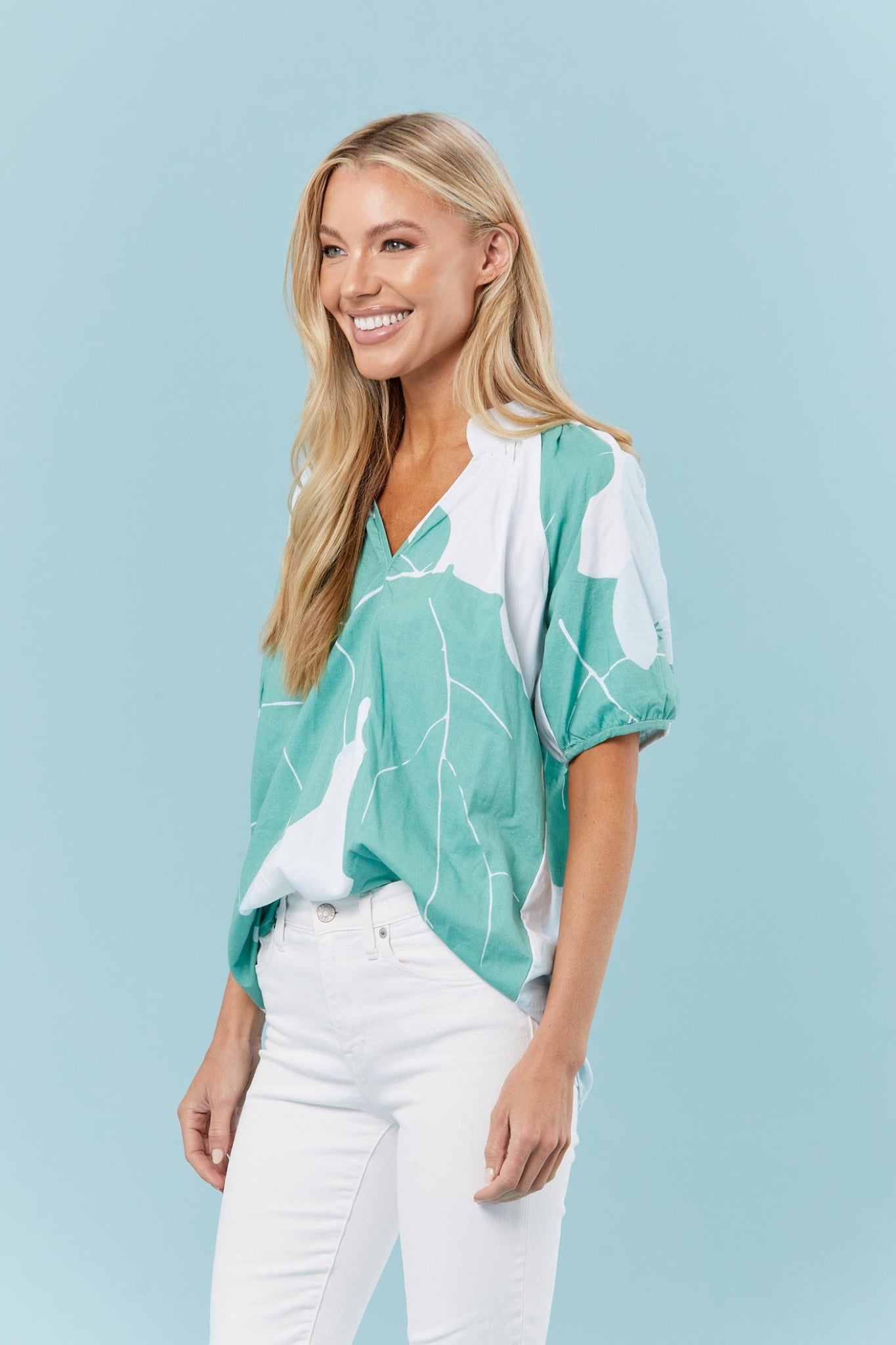 Dana Blouse in Teal Palms