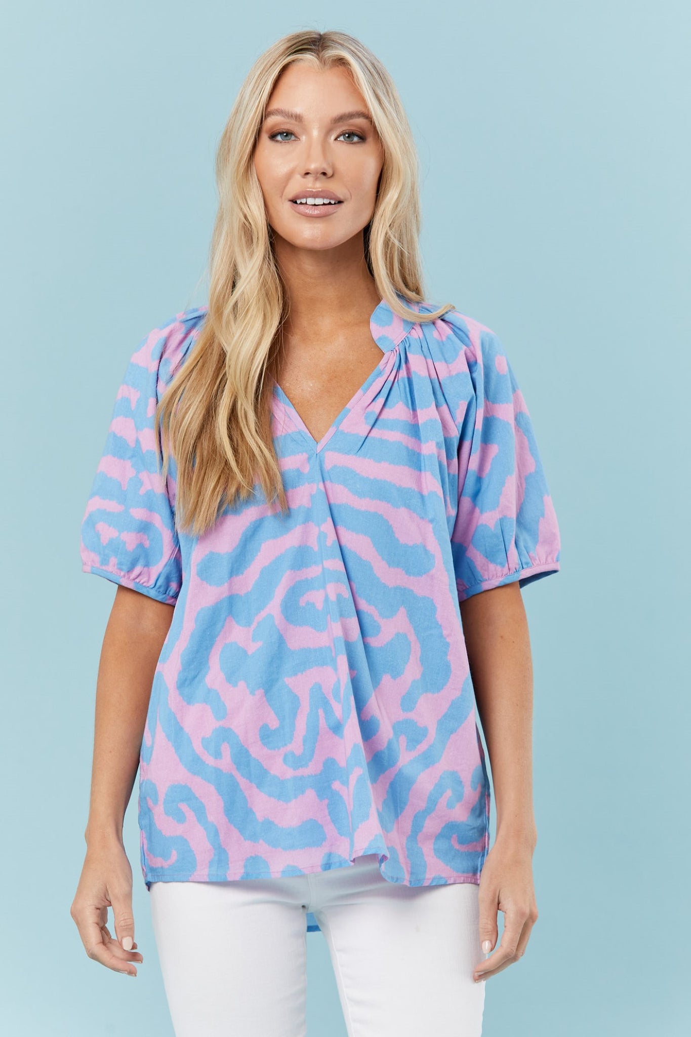 Dana Blouse in Pink + Blue Tiger