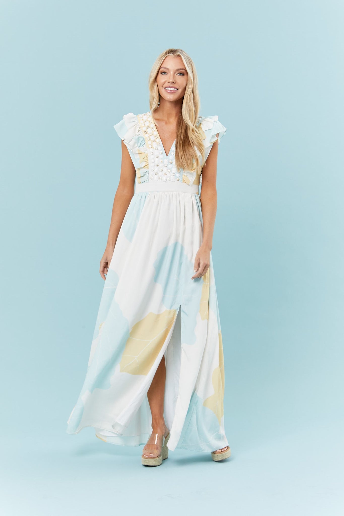 Stacey Dress in Soft Blue Palms