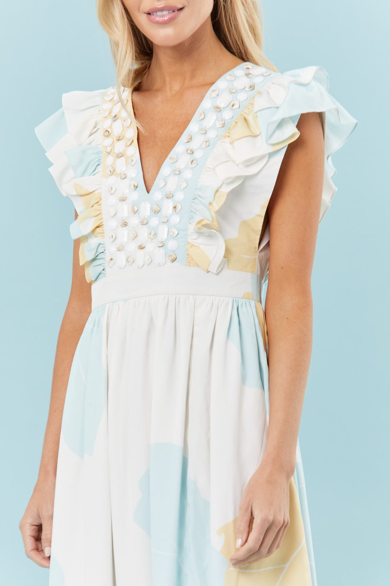 Stacey Dress in Soft Blue Palms