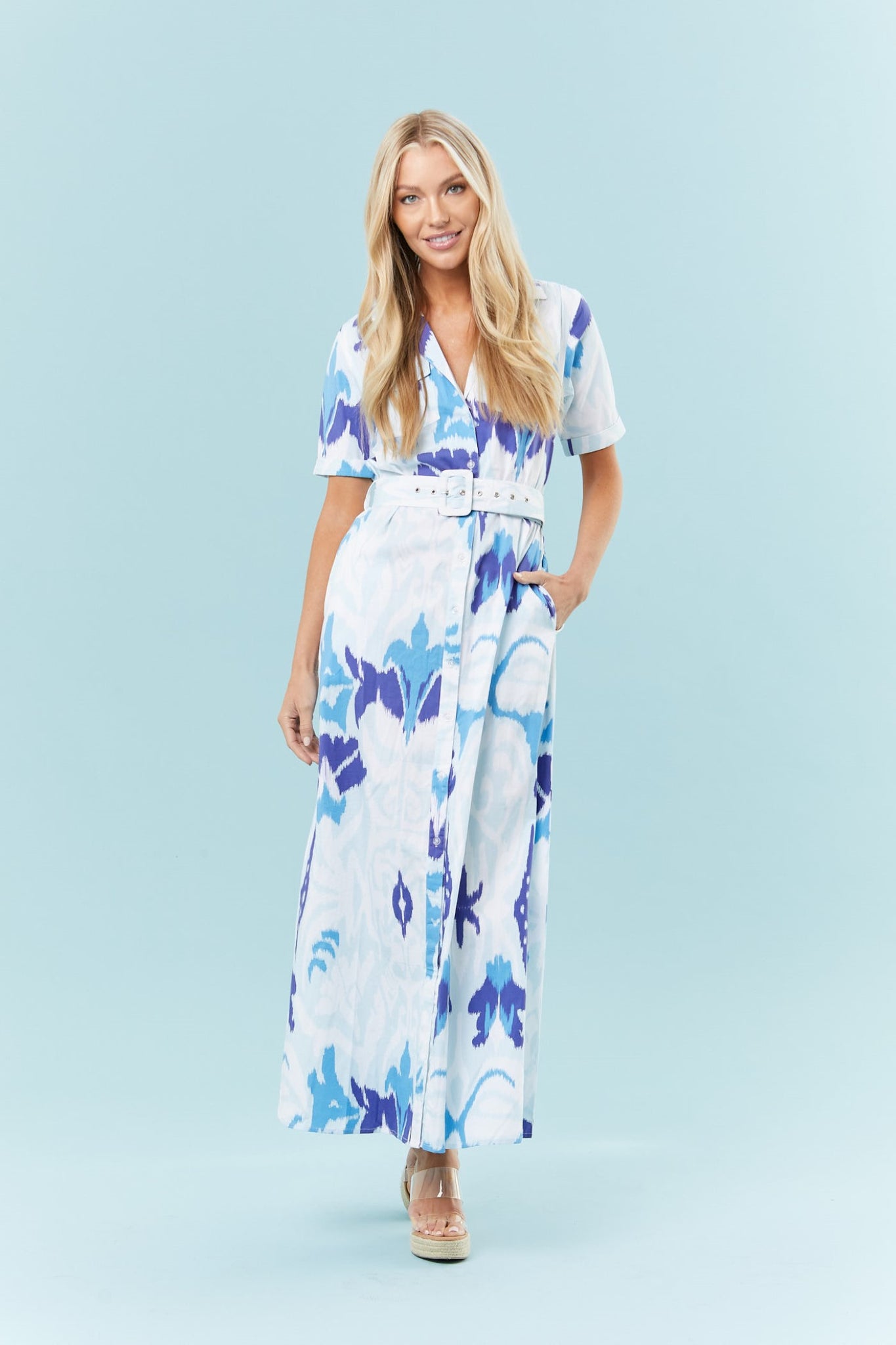 Haskell Dress in Tulip Ikat White + Blues