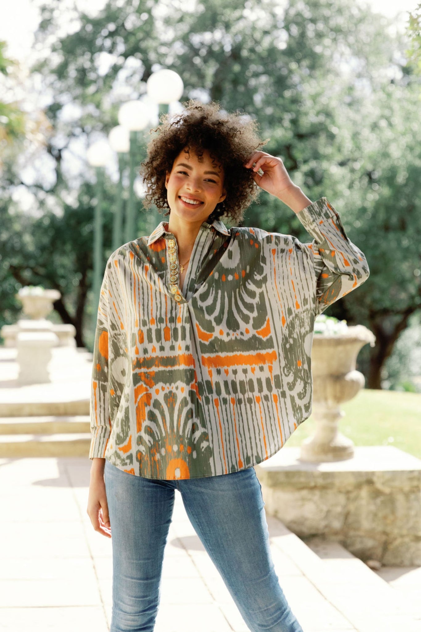 Frankie Shirt in Latte + Orange Moroccan Ikat