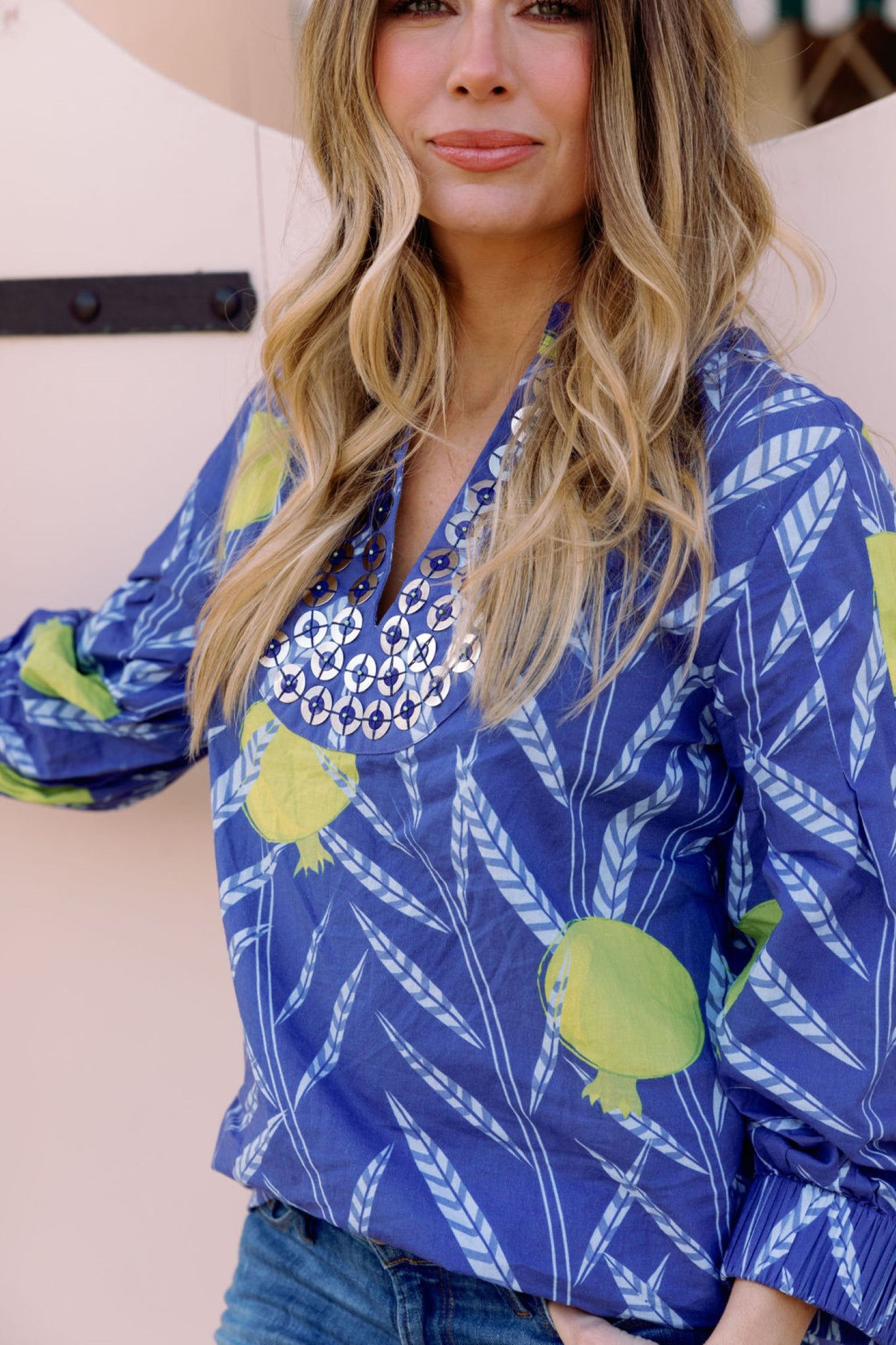 Olive Tunic in Bright Blue Polished Pom