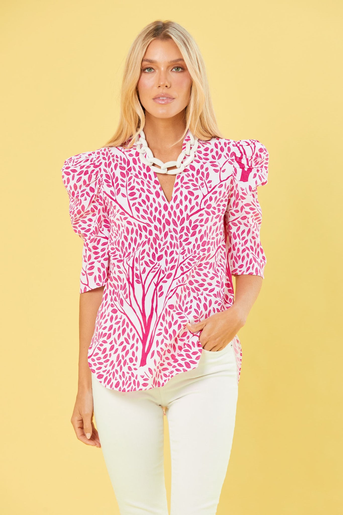 Natalie Blouse in Pink + White Trees